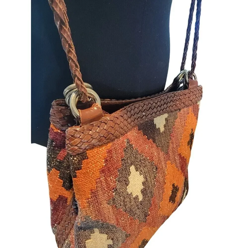 Vintage J Simone Crossbody Handbag 70s MCM Woven Kilim Double Strap Brown Orange